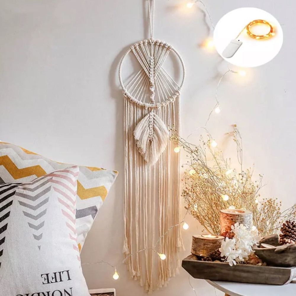 Macramé Wall Hanging with Feather Accents & light Boho Wall Art Tapestry Home
